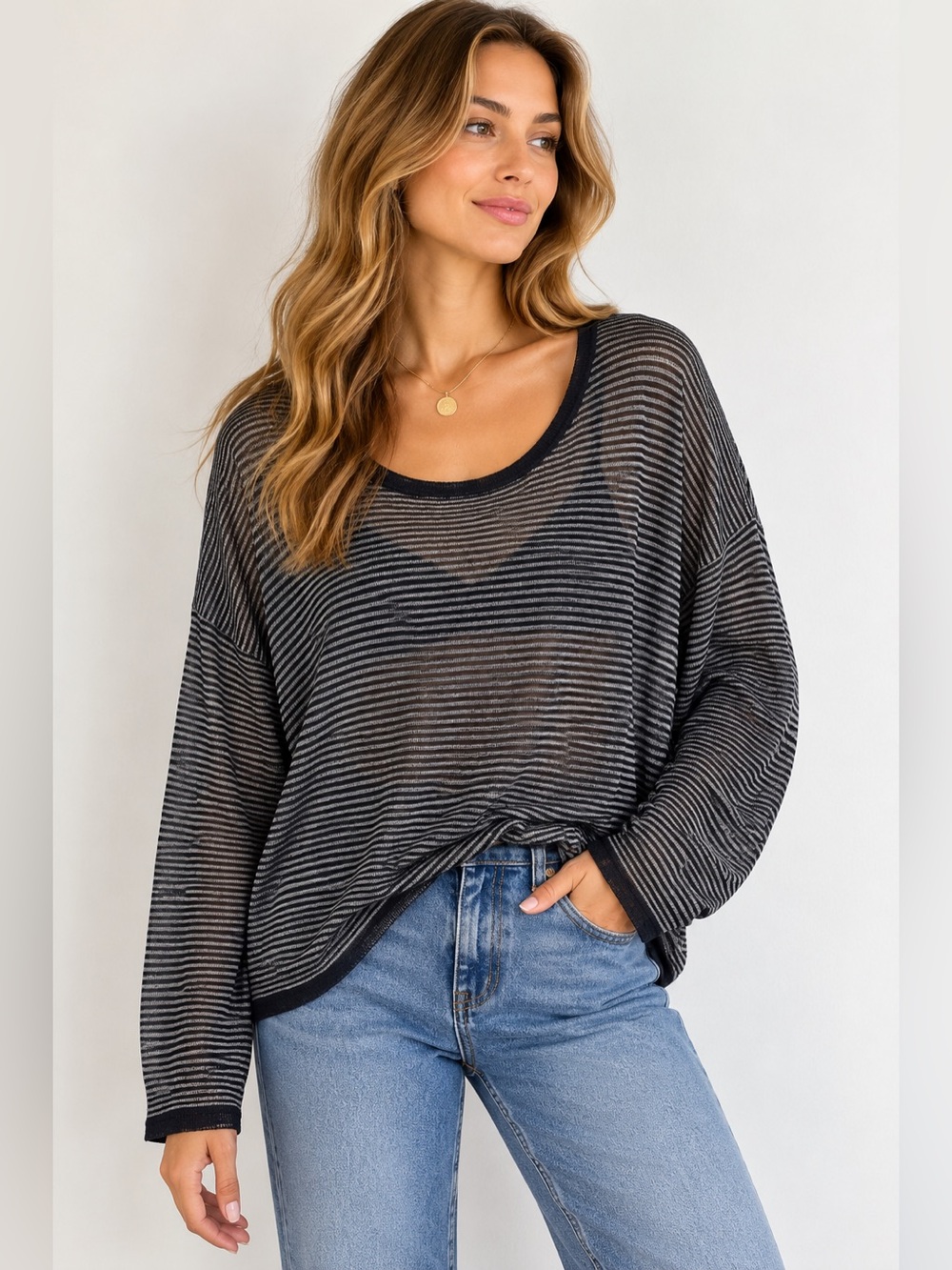 Vince Black Gray Striped Sheer Knit Oversized Long Sleeve Top Size L